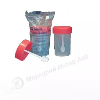 Контейнер пластиковый, стерильный, на 60 мл с ложечкой для забора анализов (полипропилен)